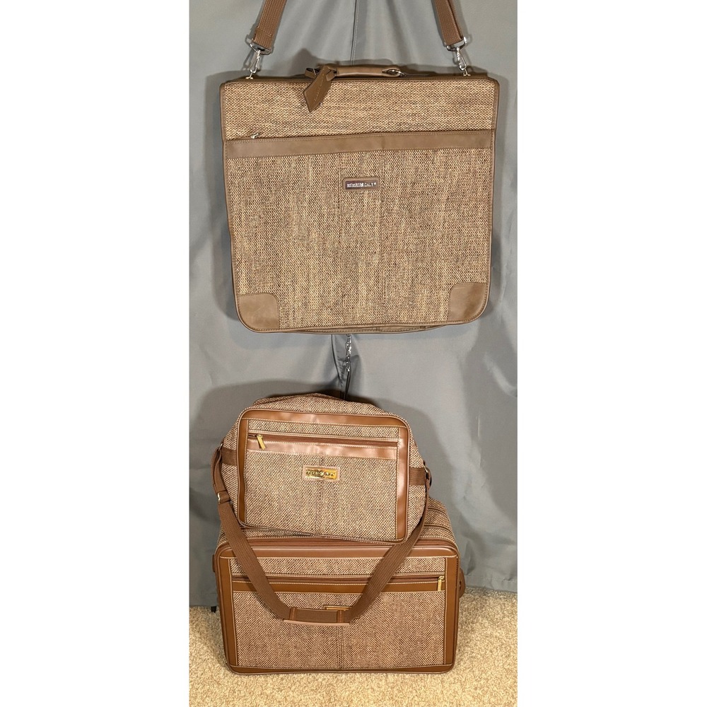 Vintage Members Only 3 Piece Luggage Set Brown Tweed Suitcase Garment Carry On
